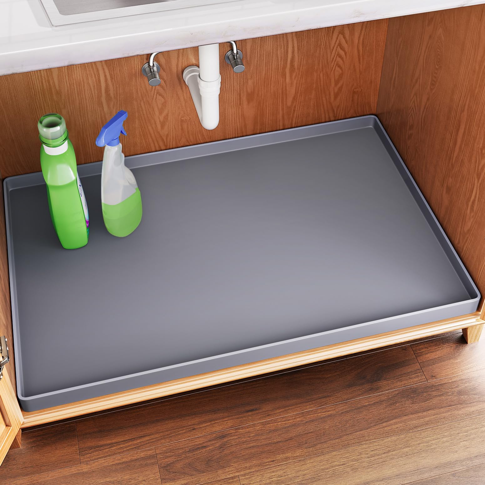 FLATO under sink mat at 34x22 inches, waterproof silicone protects cabinet floors.