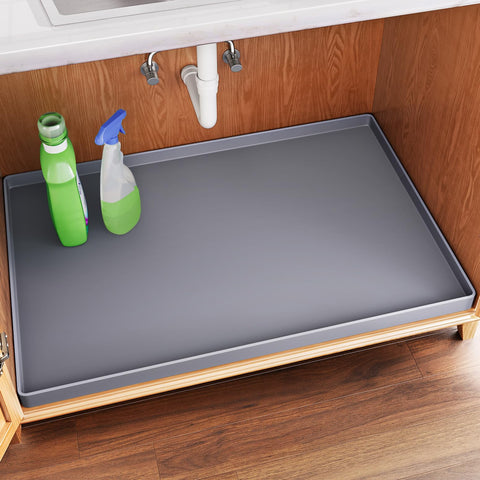 FLATO under sink mat at 34x22 inches, waterproof silicone protects cabinet floors.