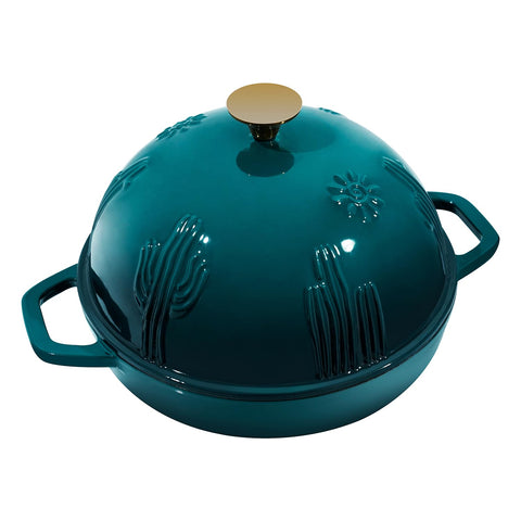 Flavehc Dutch oven in darkcyan enamel shows durable interior and stylish design.