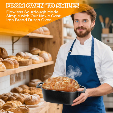 Flavorix serving Dutch Oven at table with warm bread on display