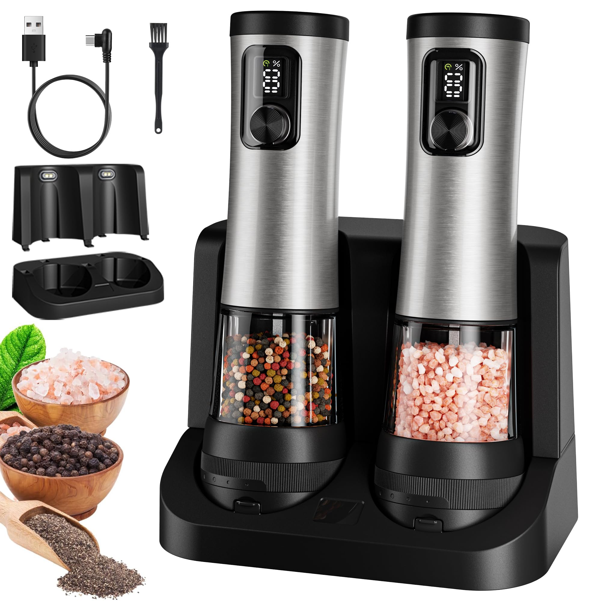 Flelano electric salt and pepper grinders with LED light for precise seasoning