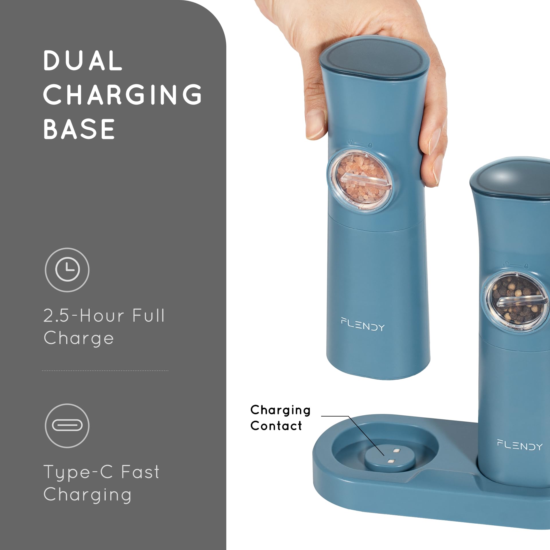 Flendy electric grinder close-up highlighting sleek design and LED illumination.