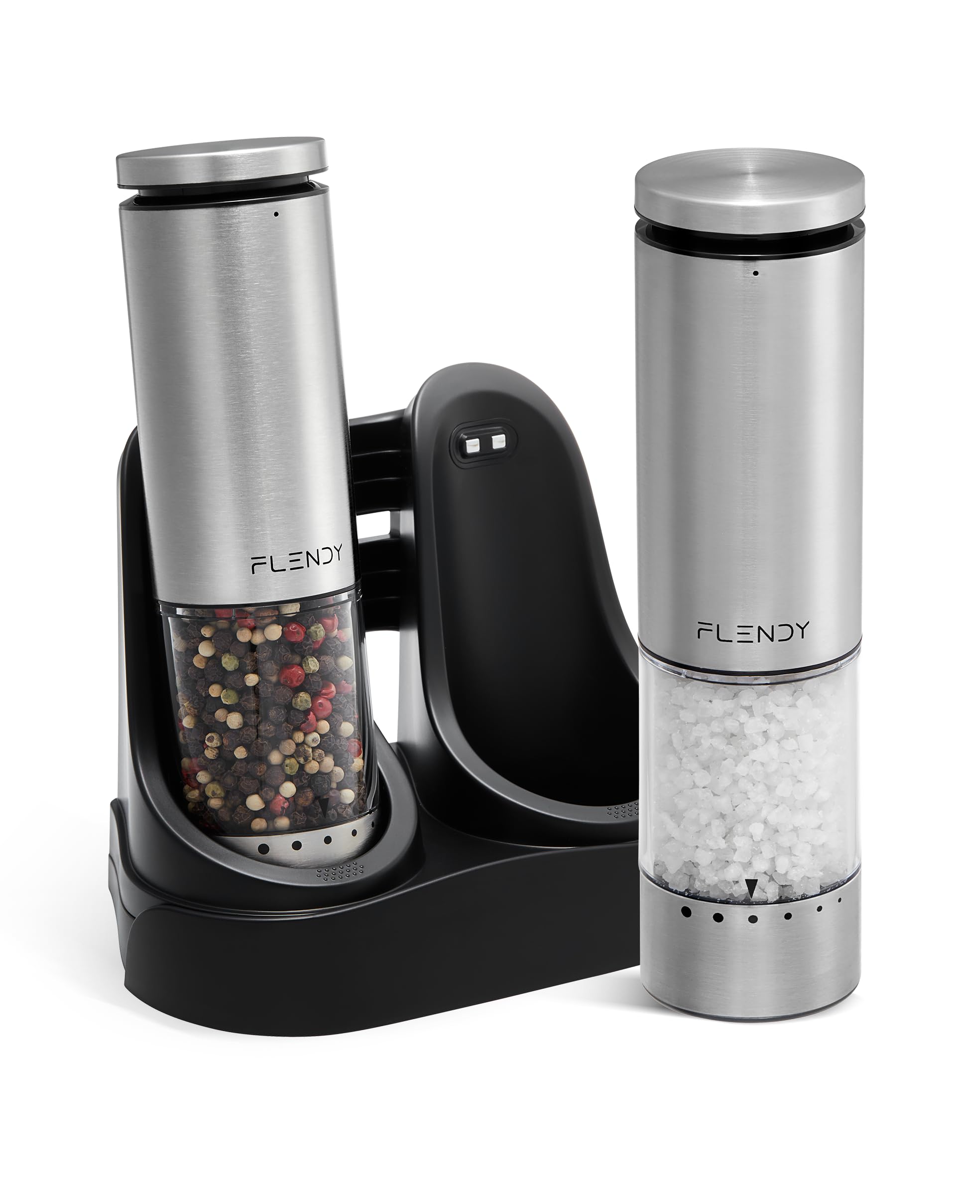 Flendy electric grinder top button enables one-handed seasoning precision.