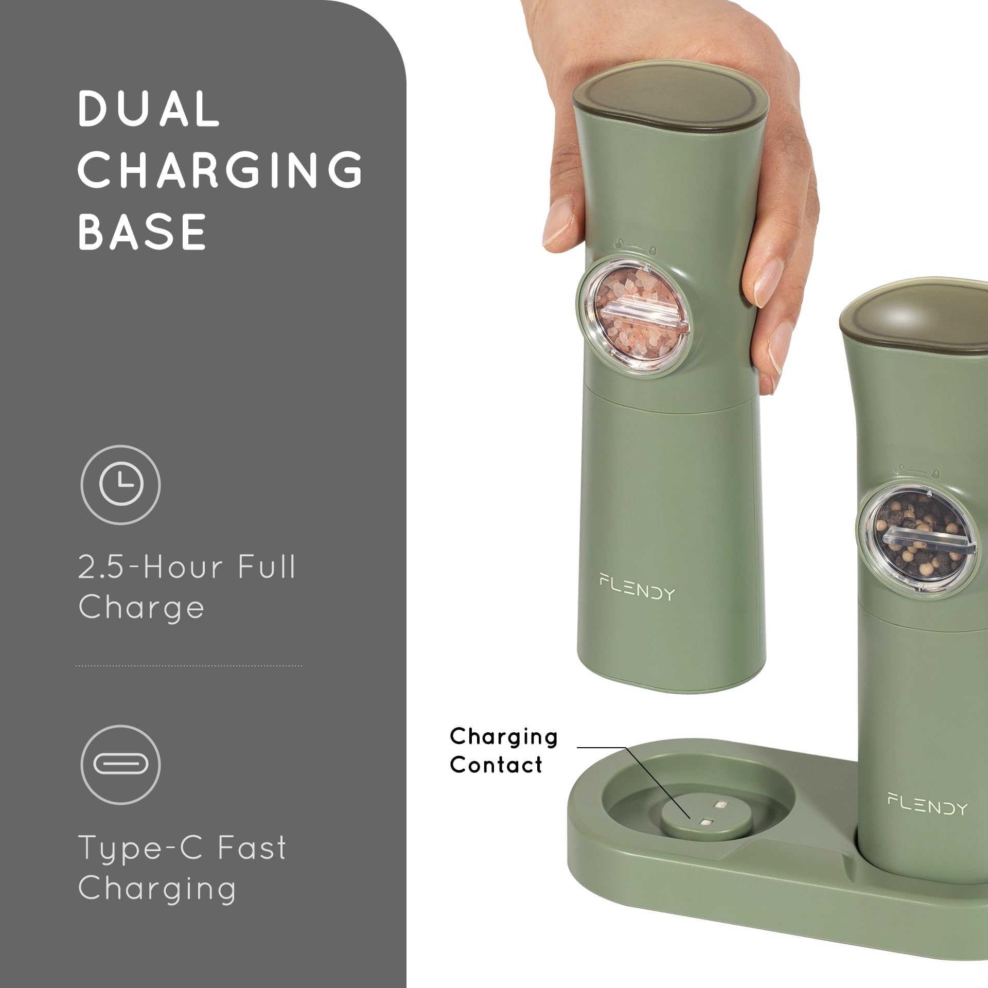 Flendy gravity grinder top with dust-cap sealing to prevent spills