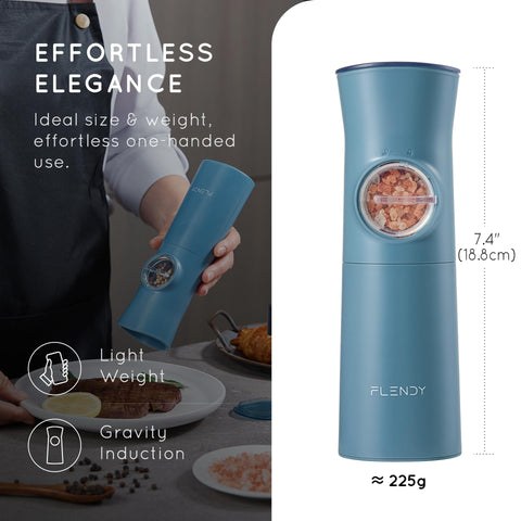 Flendy gravity pepper grinder in automatic action for effortless one-handed use.