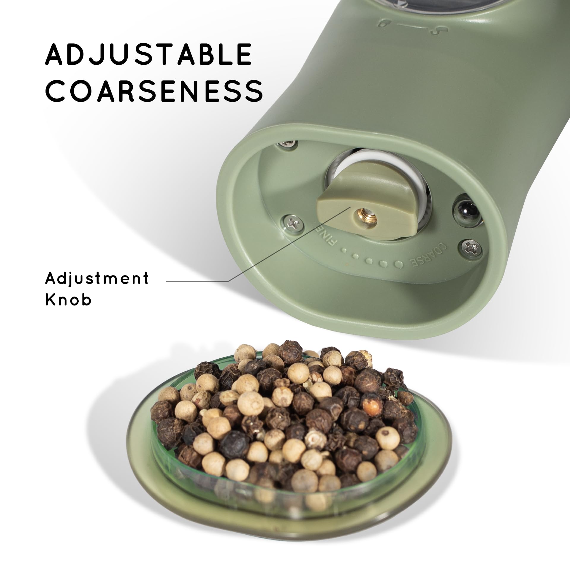 Flendy gravity rotary coarseness knob enables precise grind size control