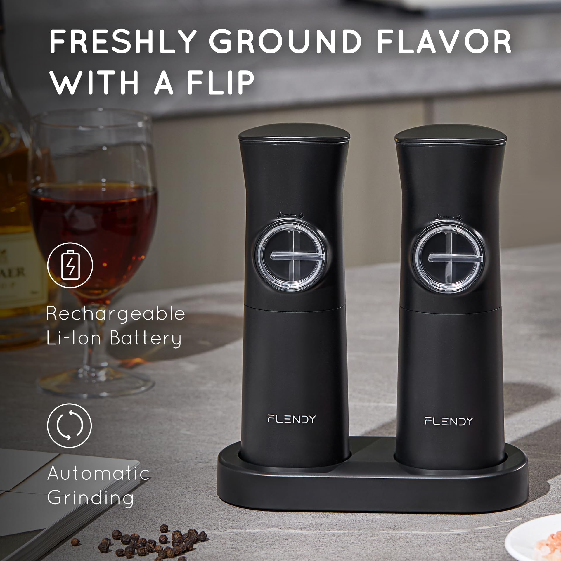 Flendy gravity grinder starts automatically when flipped for effortless cooking
