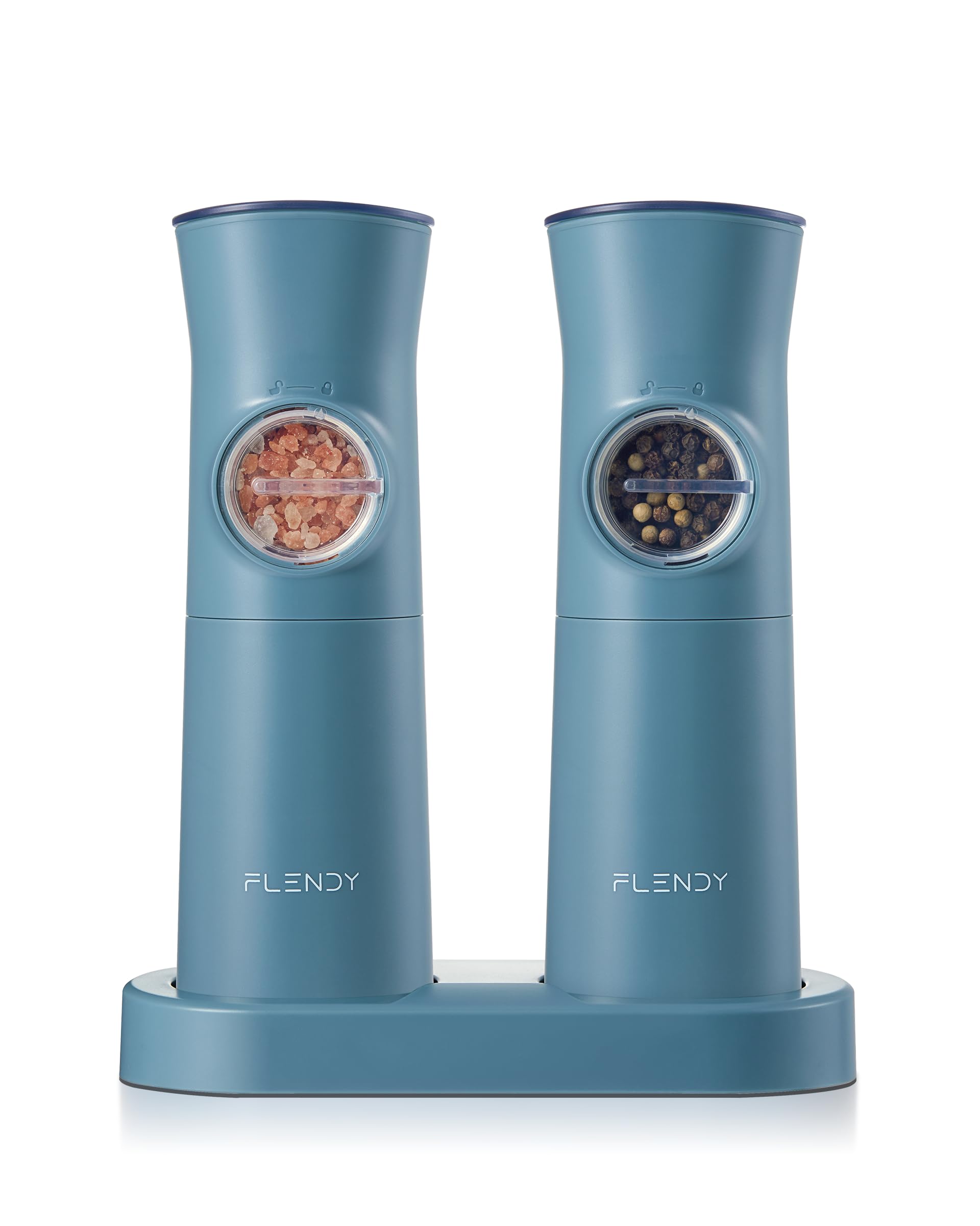 Flendy gravity salt and pepper grinder on charging base with LED light for precise seasoning.