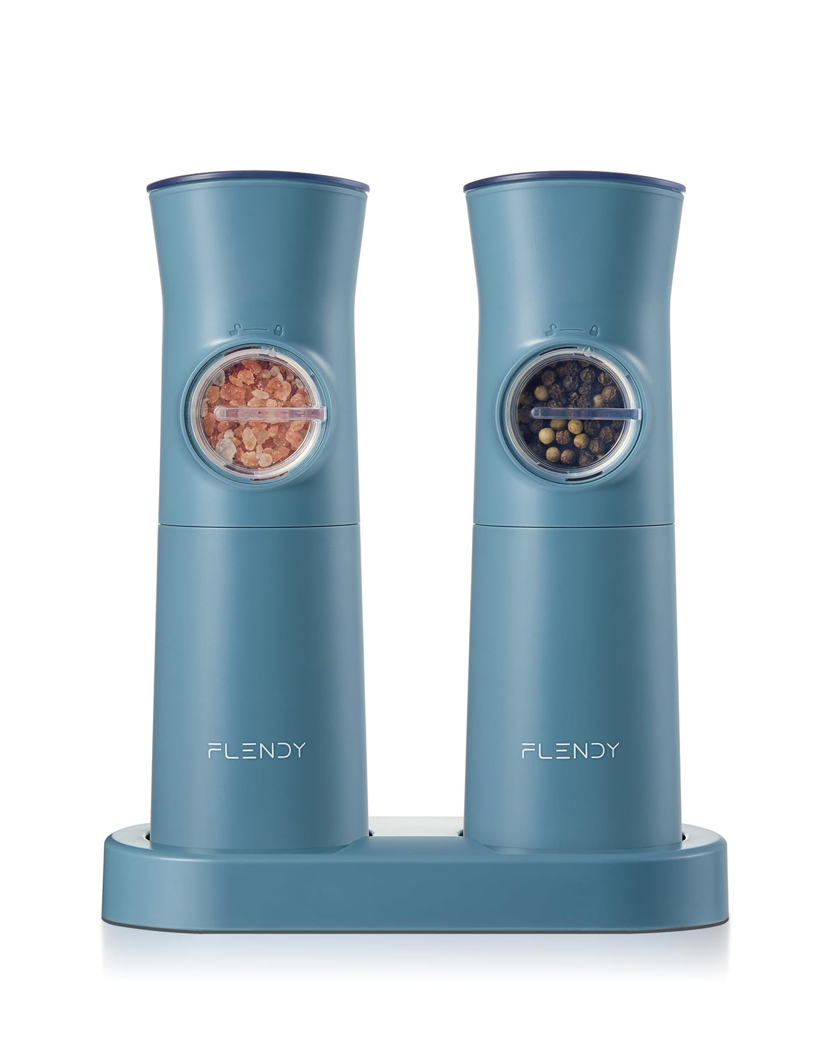 Flendy gravity salt and pepper grinder on charging base with LED light for precise seasoning.