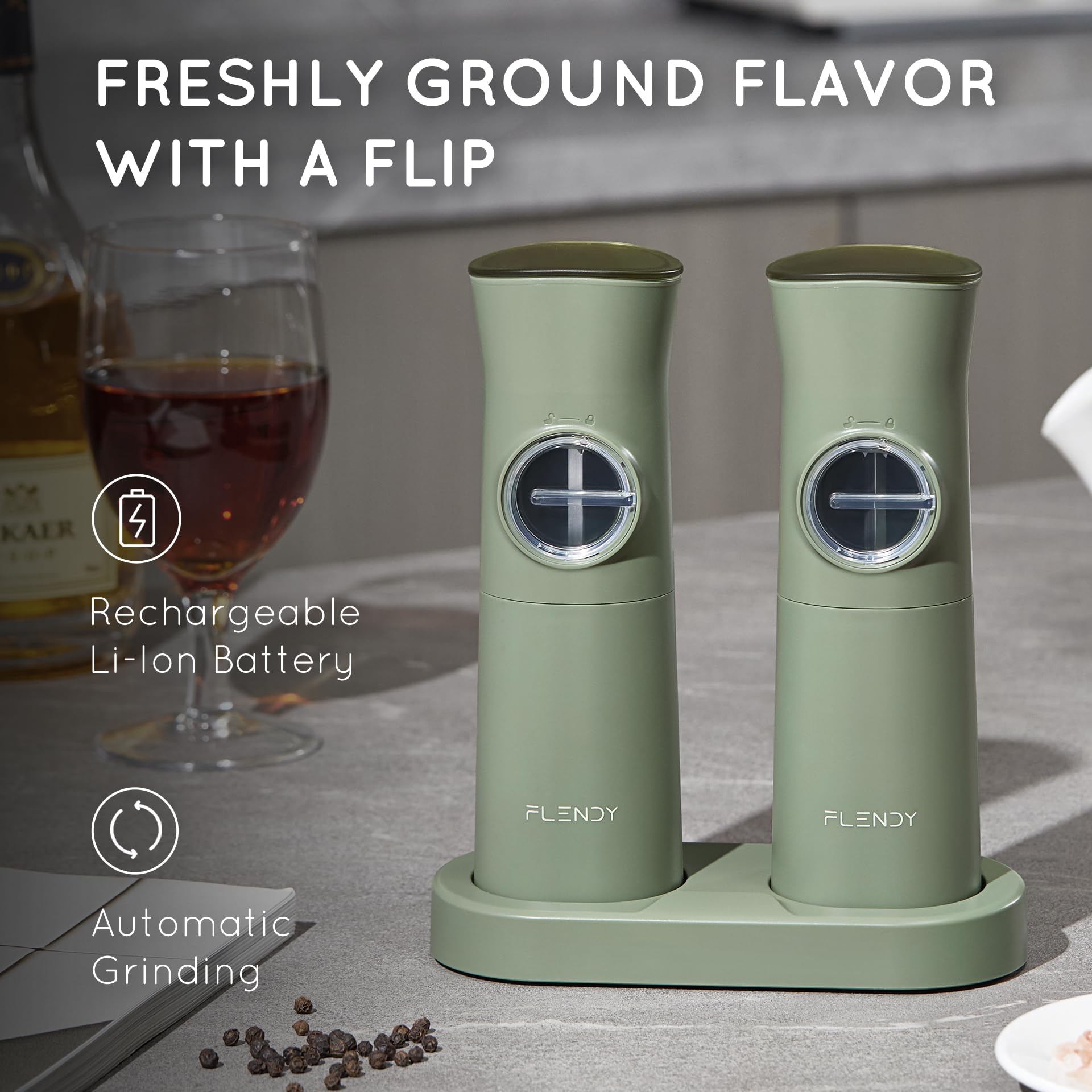 Flendy gravity grinder overview showing compact design and USB-C charging