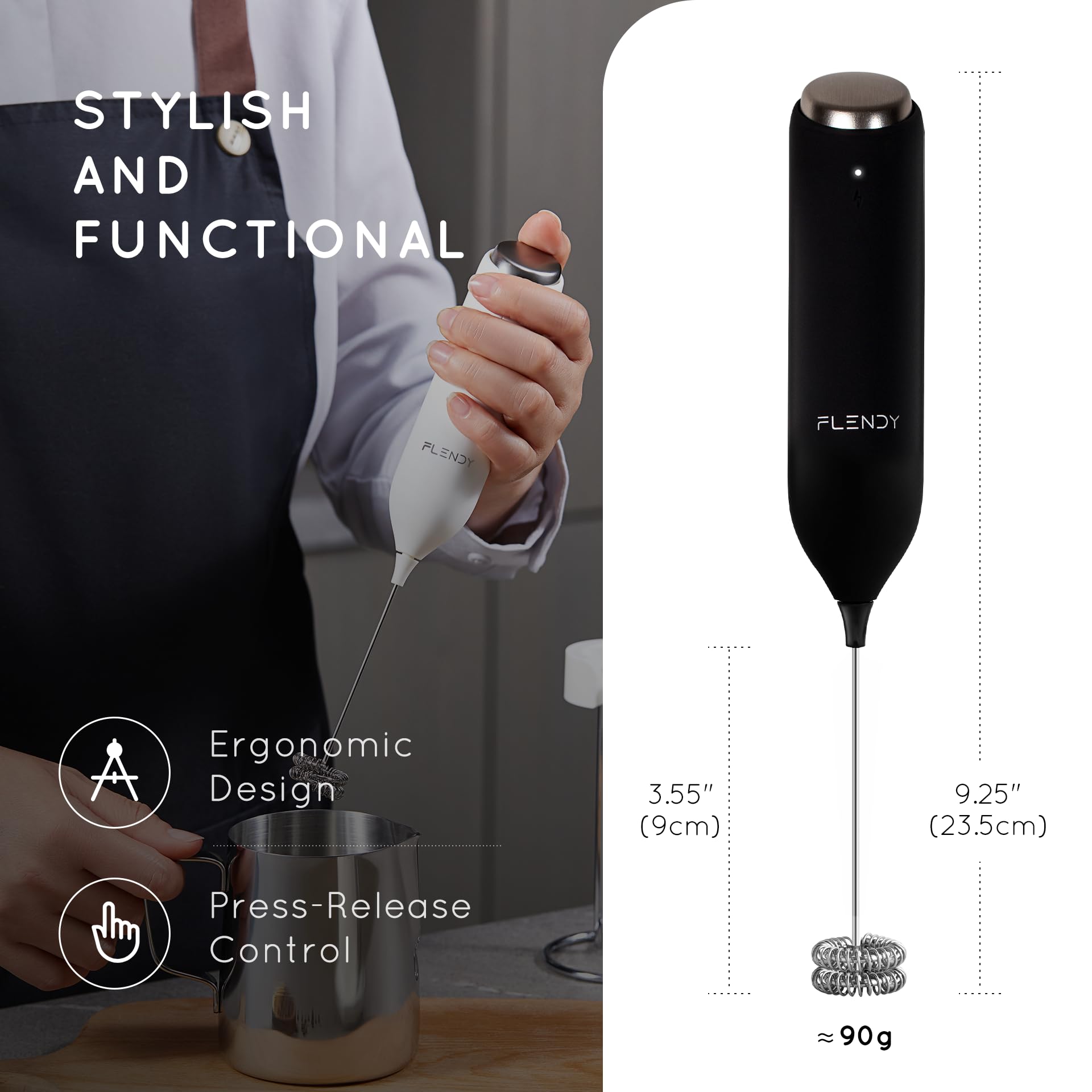 Flendy handheld frother with high-torque motor delivering smooth foam quickly