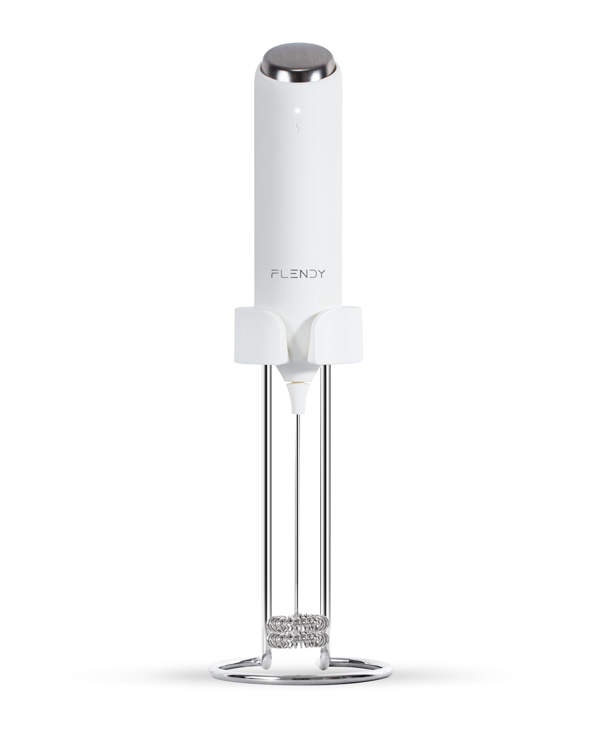 Flendy rechargeable milk frother on USB-C charging bracket stand for convenient counter storage
