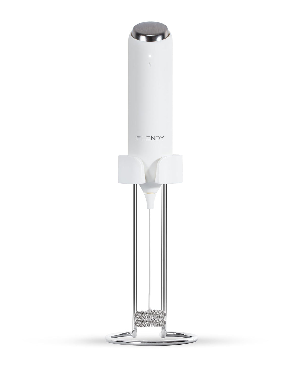 Flendy rechargeable milk frother on USB-C charging bracket stand for convenient counter storage