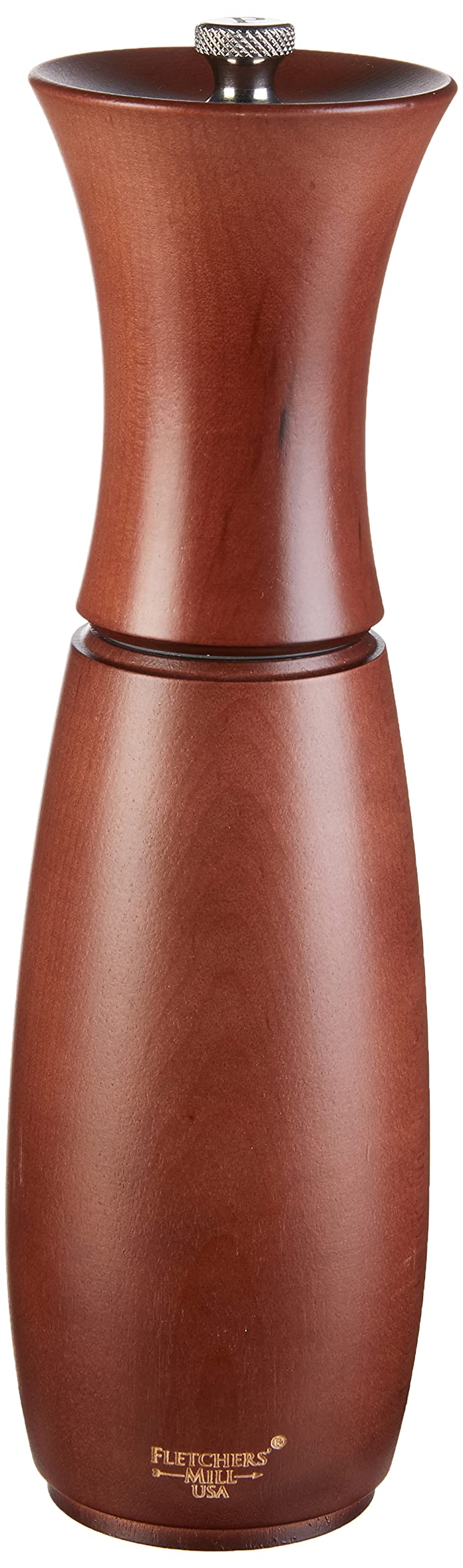 Fletchers Mill Border Grill pepper mill in walnut finish showing 8-inch size and sleek design for precise grinding