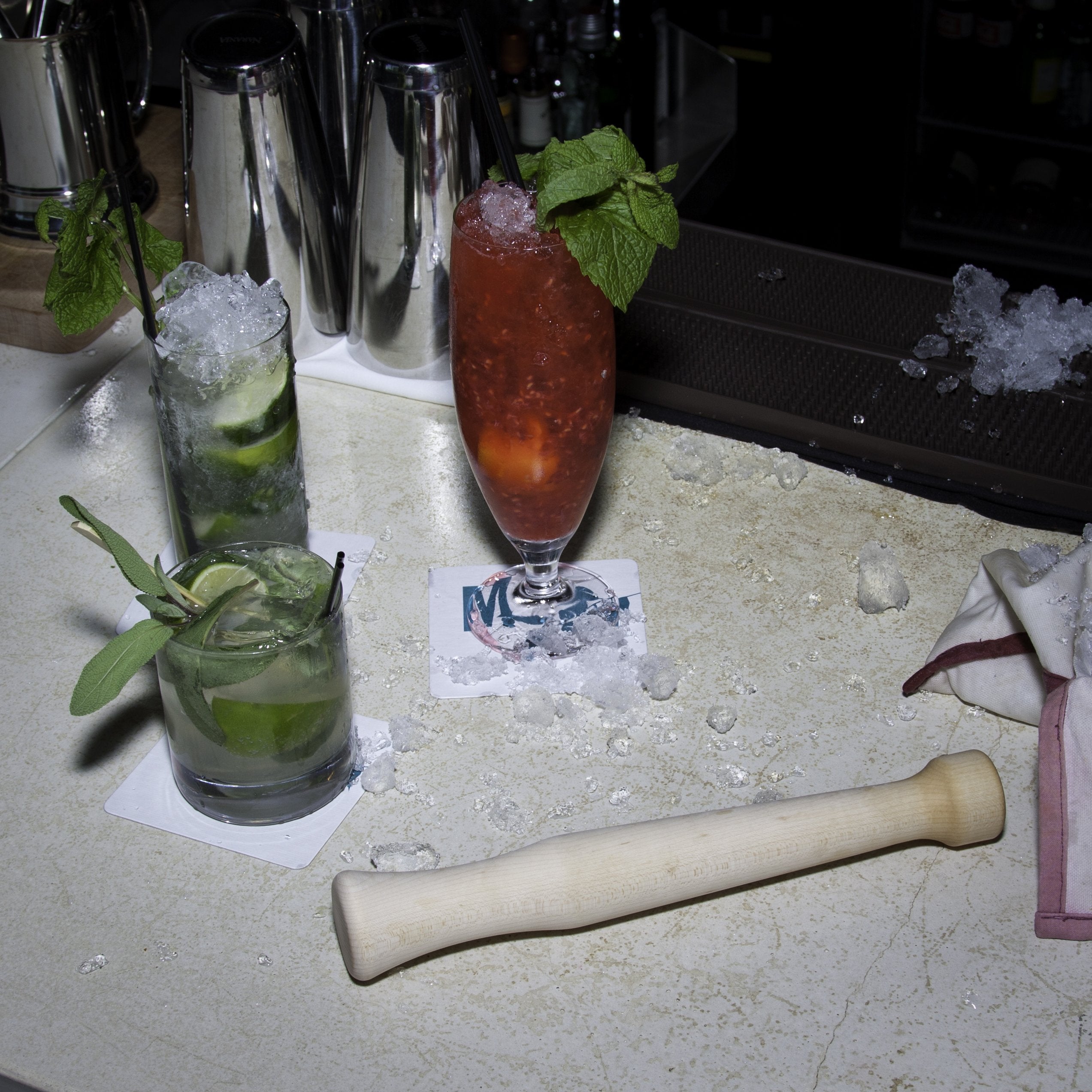 Mojitos prepared with Fletchers Mill muddler to release mint oils.
