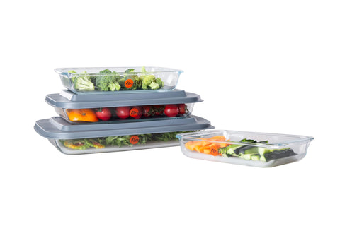 FlexiTuff Glass 1.7qt bakeware highlights space-saving meal prep and even heat distribution.