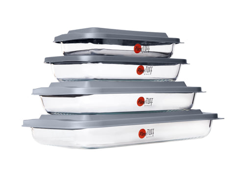 FlexiTuff Glass 1qt bakeware with lid demonstrates compact storage and microwave reheating options.