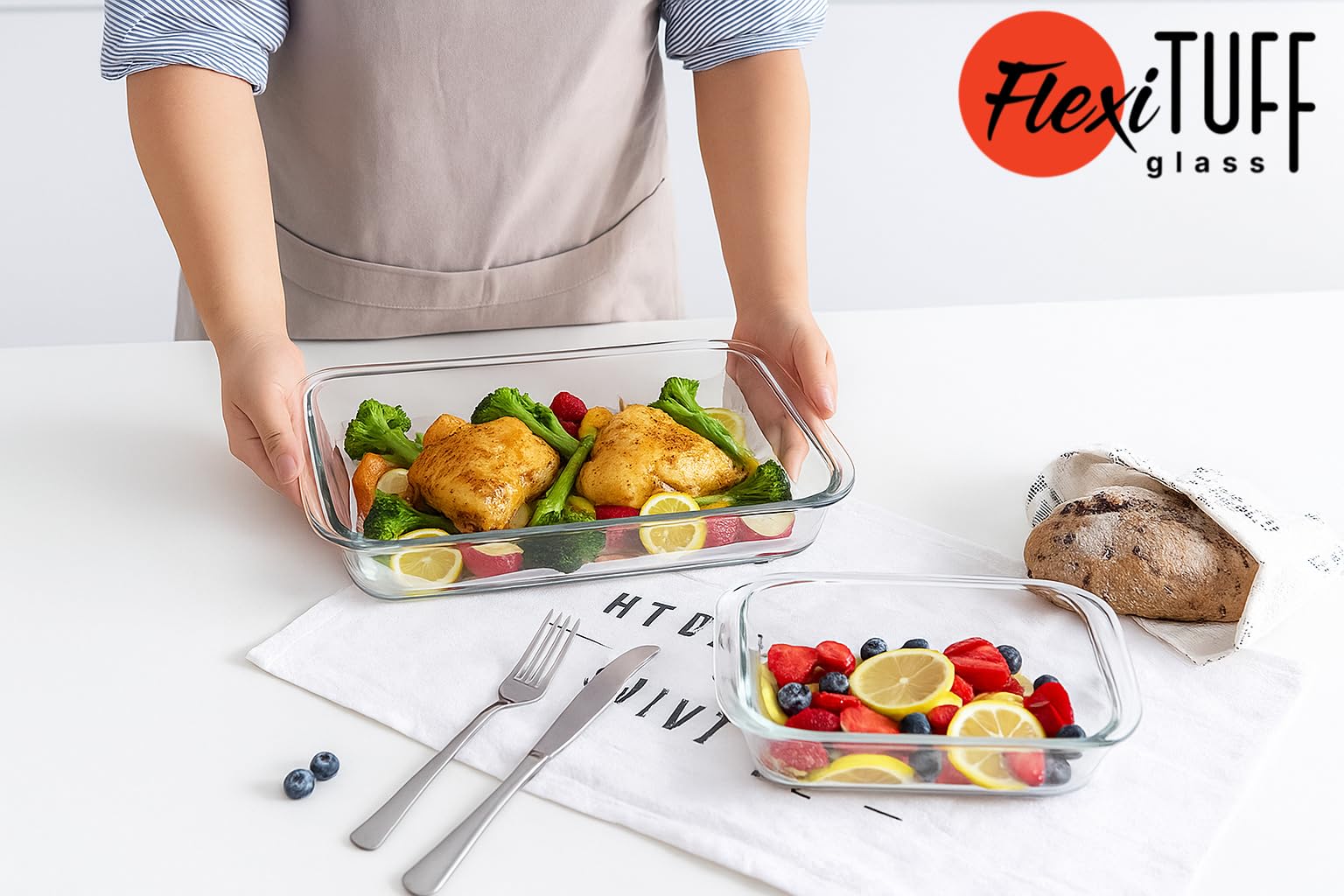 FlexiTuff Glass 2.3qt bakeware shows durable borosilicate glass ideal for casseroles.