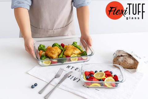FlexiTuff Glass 2.3qt bakeware shows durable borosilicate glass ideal for casseroles.