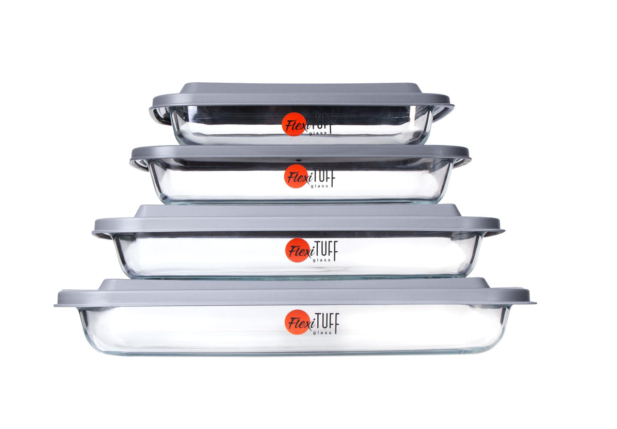 FlexiTuff Glass rectangular bakeware set displays in clear glass for baking and meal prep.
