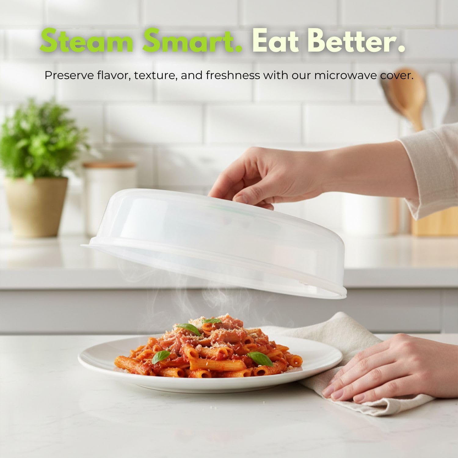 Flexzion dishwasher-safe microwave cover for easy cleaning.