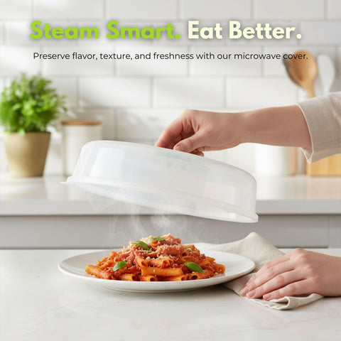 Flexzion dishwasher-safe microwave cover for easy cleaning.