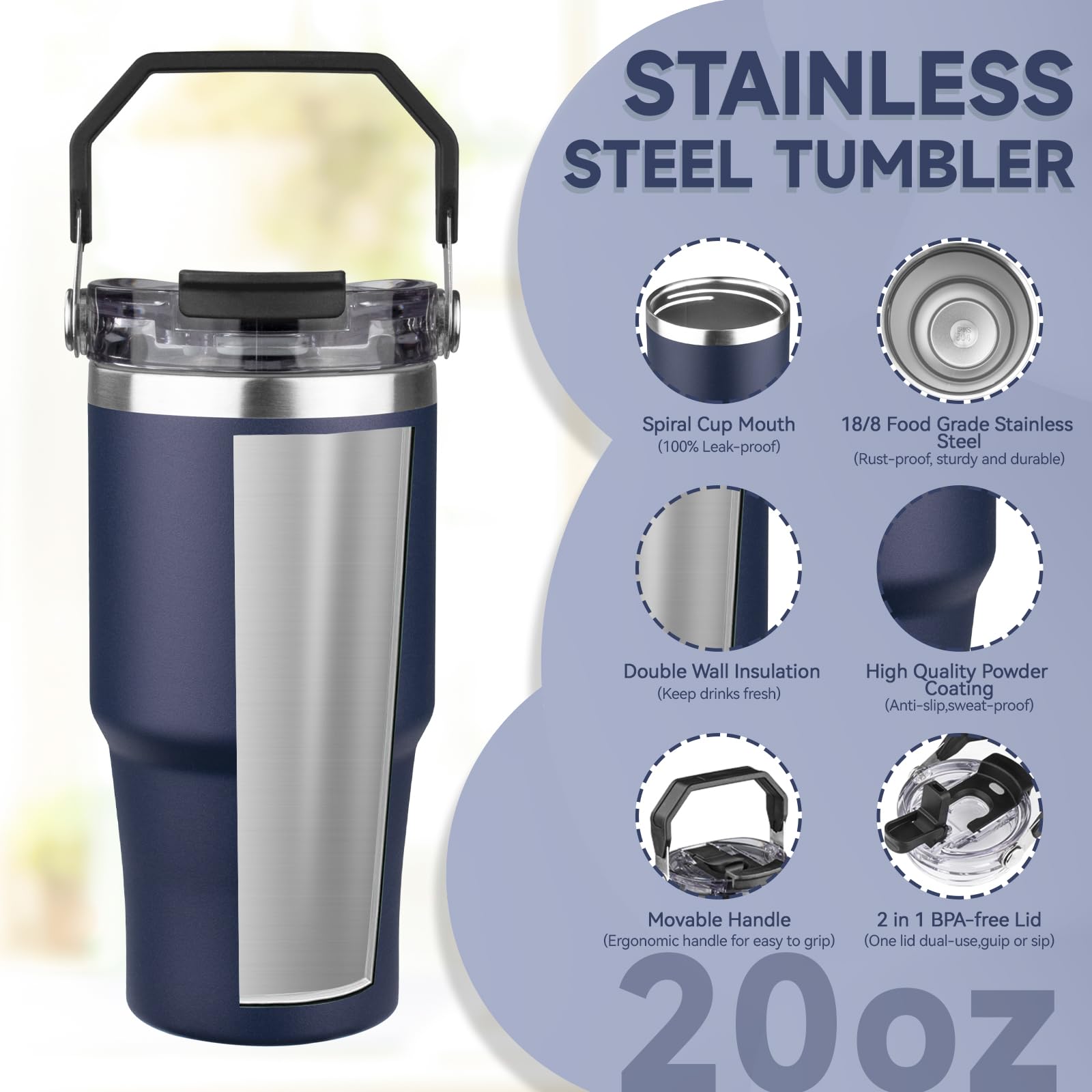 FLIFQI 20oz tumbler with leak-proof lid protects bags and desks from spills.