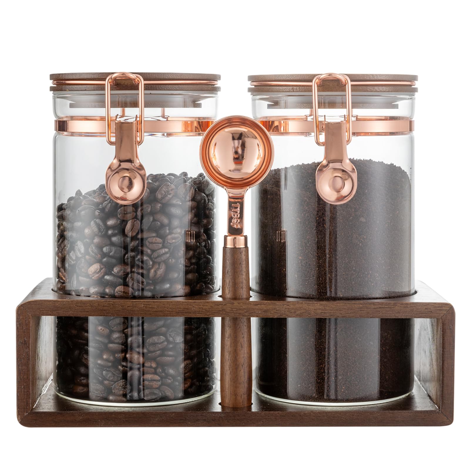 Flmeyaza glass coffee canister set on a shelf with spoon for tidy organizing.
