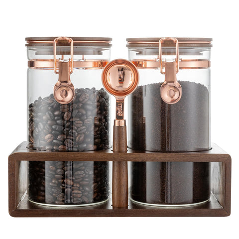 Flmeyaza glass coffee canister set on a shelf with spoon for tidy organizing.
