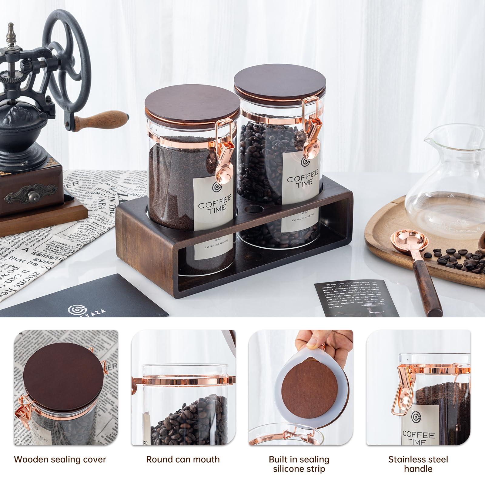 Flmeyaza wooden shelf keeps canisters organized and complements the dining table.