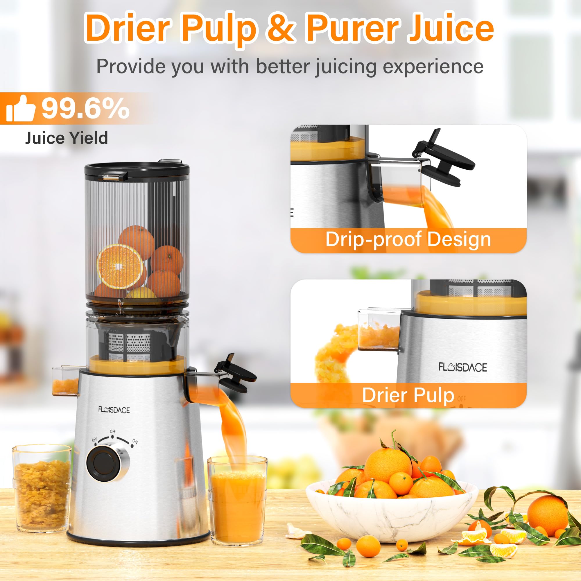 Floisdace 5-inch feed chute with whole fruit slices for fast juicing