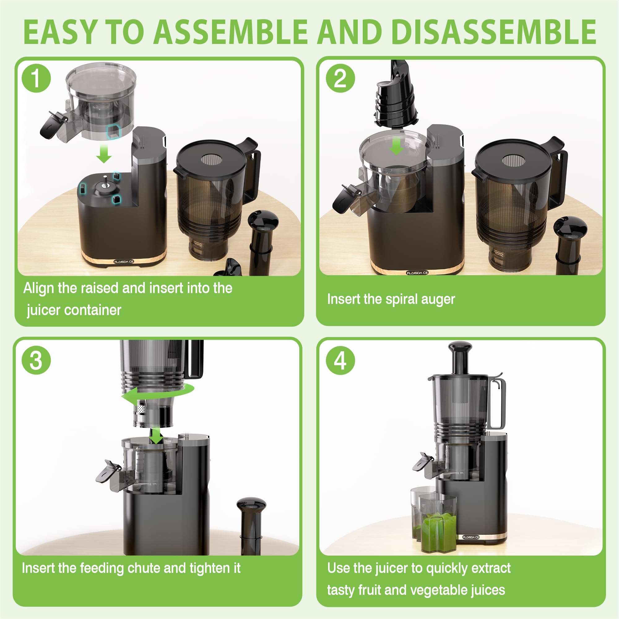 Floisdace 350W motor delivers efficient juice extraction with high yield.