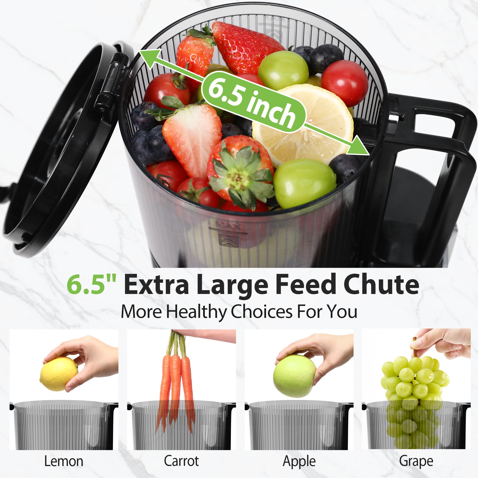 Floisdace juicer featuring 55rpm auto-slow press to reduce heat.