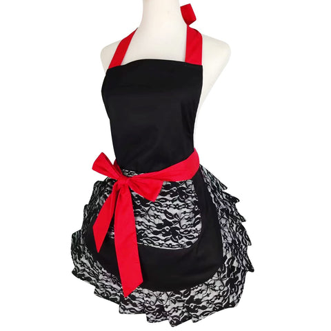 Floosum back-ruffle apron displays retro charm that complements lively kitchen moments