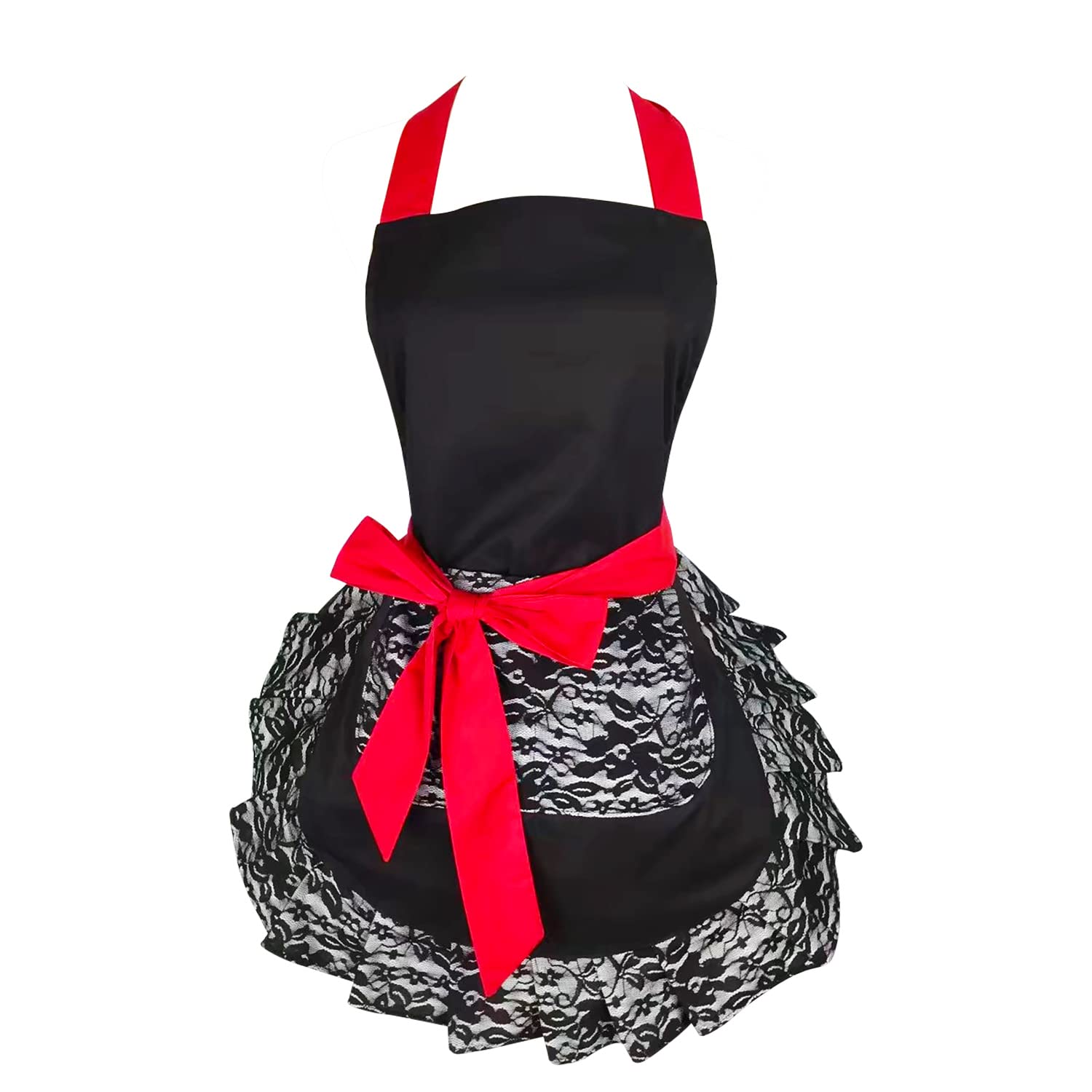 Floosum Black Lace Flirty Apron with Pocket front view highlights chic lace and handy pocket for cooking