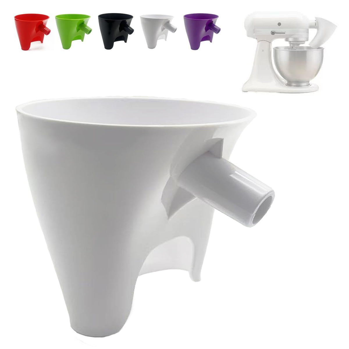 KitchenAid flour funnel attached to KSM150 for mess-free pouring
