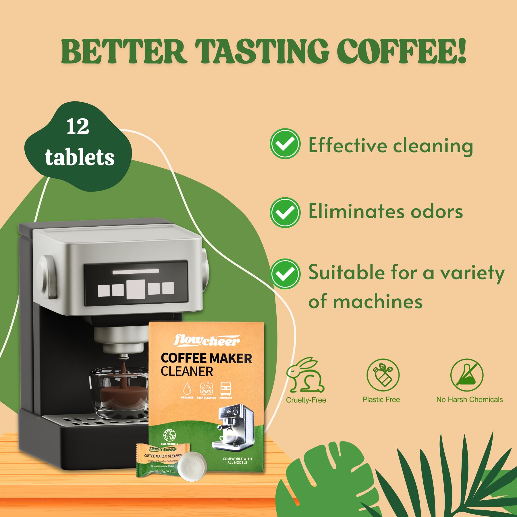 Flowcheer tablets bottle on kitchen counter, pre-measured solution for mineral buildup.