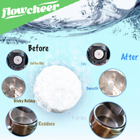 Flowcheer tablets dissolving in water to show deep cleaning action.