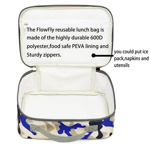FlowFly blue camo lunch bag front pocket, ideal for snacks and a surprise note.