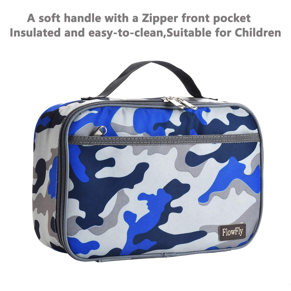 FlowFly blue camouflage lunch bag with insulated lining to keep hot or cold foods.
