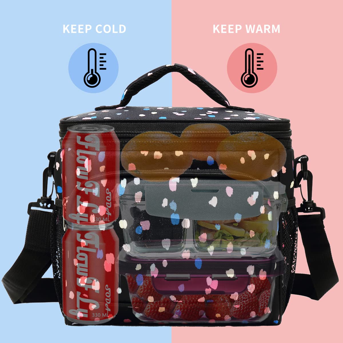 FlowFly lunch bag with adjustable shoulder strap for versatile carrying.