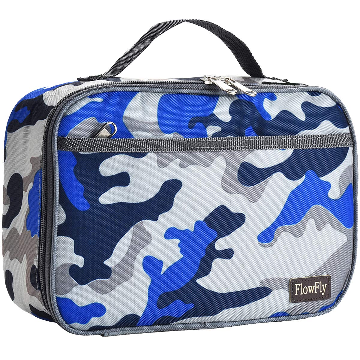 FlowFly kids lunch bag in blue camouflage, opened to show insulated lining for fresh meals.