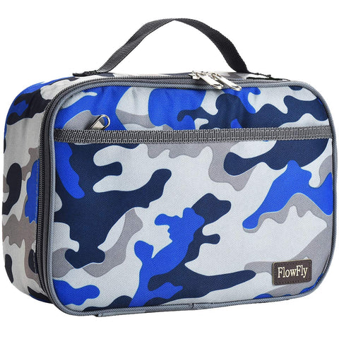 FlowFly kids lunch bag in blue camouflage, opened to show insulated lining for fresh meals.