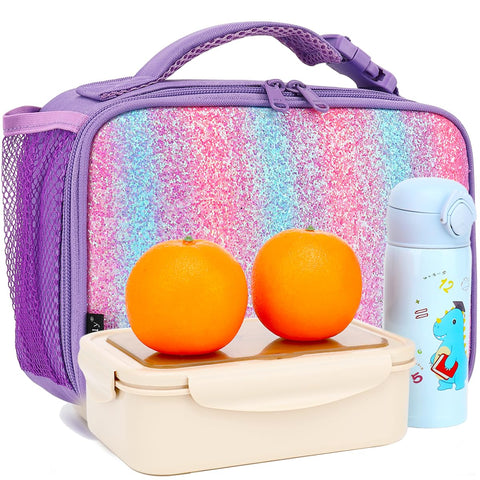 FlowFly purple glitter lunch bag shown fitting in a backpack for on-the-go meals.