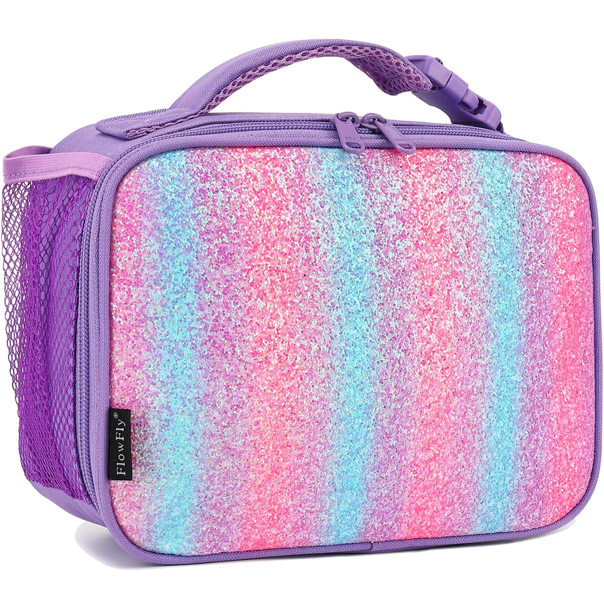 FlowFly purple glitter lunch bag front view with durable insulation keeps meals fresh.