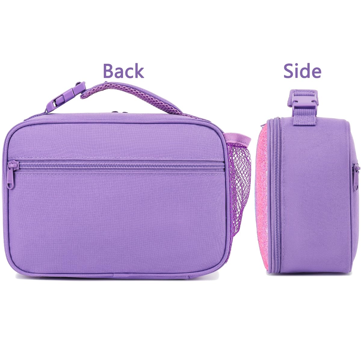 FlowFly purple glitter lunch bag in use at school demonstrates easy access and portability.