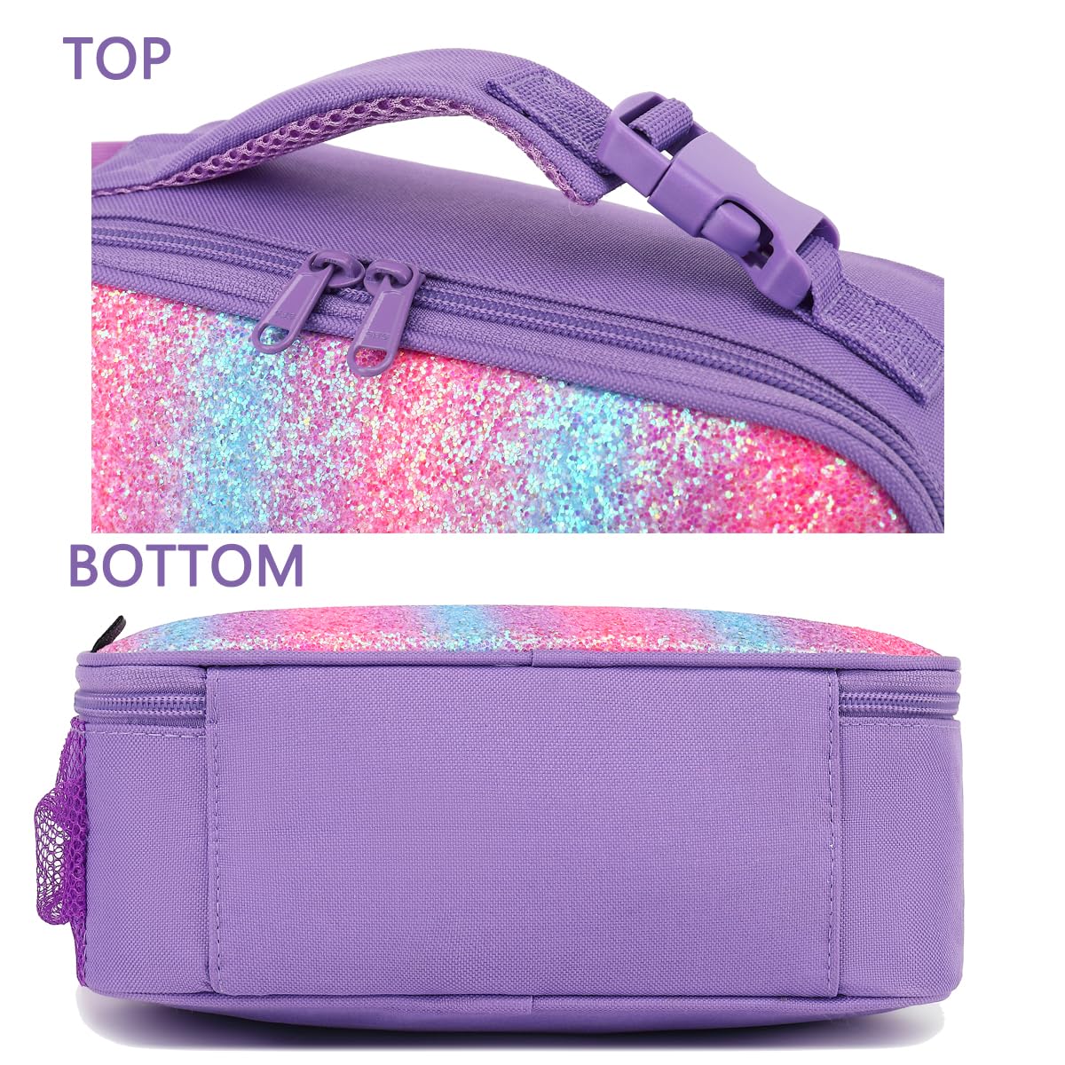 FlowFly purple glitter lunch bag interior mesh pocket keeps napkins organized.