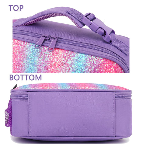 FlowFly purple glitter lunch bag interior mesh pocket keeps napkins organized.