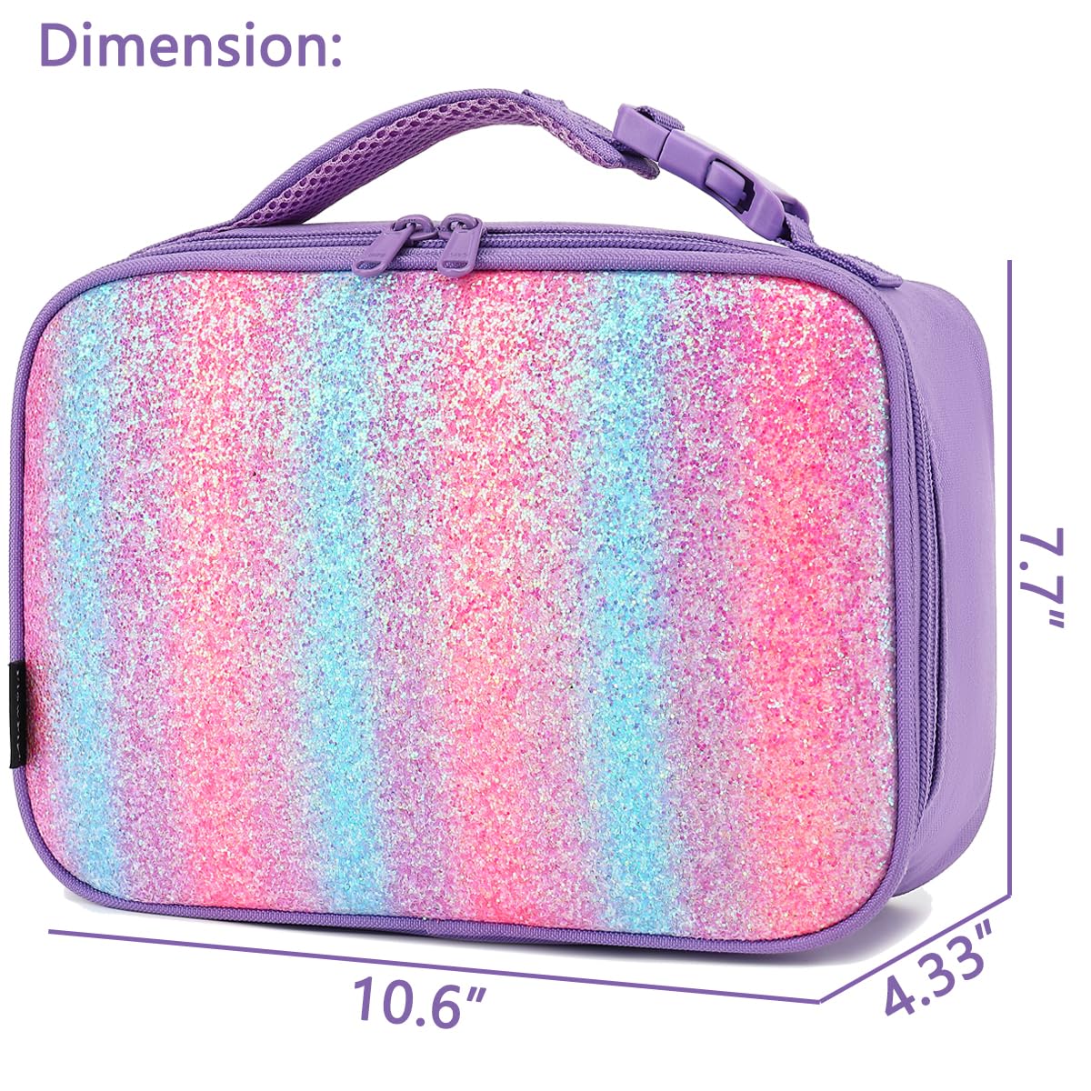 FlowFly purple glitter lunch bag open top shows interior organization and packing space.