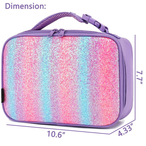FlowFly purple glitter lunch bag open top shows interior organization and packing space.